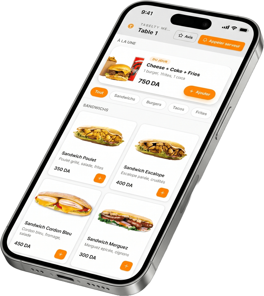 Le menu client Tabelty affiché sur un téléphone